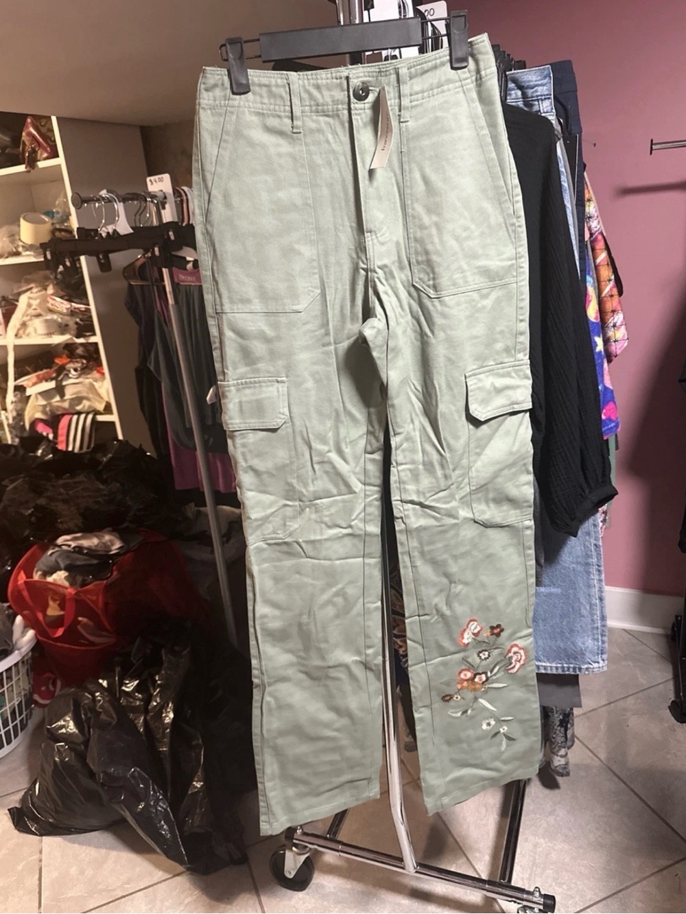 Francesca's Collections Sage Green Cargo Pants with Floral Embroidery